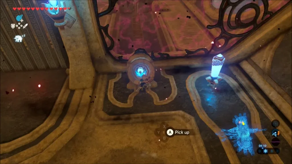 Link picking up a Remote Bomb beside a terminal pedestal in Vah Medoh Link picking up a Remote Bomb beside a terminal pedestal in Vah Medoh