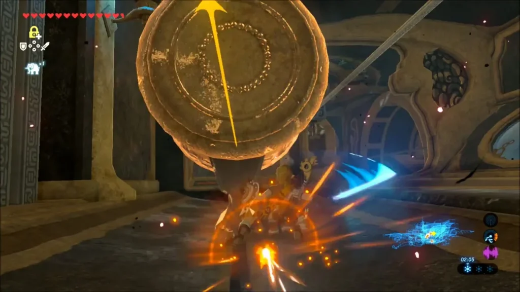 Link striking a stone slab frozen with Stasis Link striking a stone slab frozen with Stasis