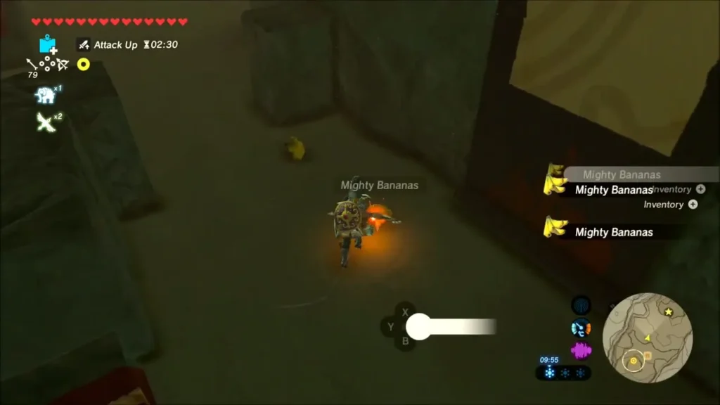 Link picking up Mighty Bananas dropped on the hideout floor Link picking up Mighty Bananas dropped on the hideout floor