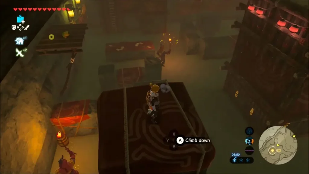 Link on a crate among the rafters above Yiga guards in the hideout Link on a crate among the rafters above Yiga guards in the hideout