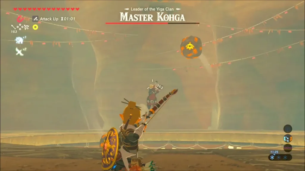 Link shooting at Master Kohga as rock spheres circle overhead Link shooting at Master Kohga as rock spheres circle overhead