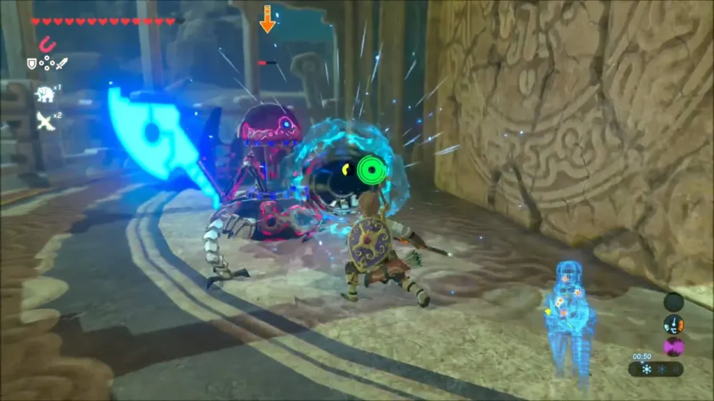 Link fighting a Guardian Scout with a glowing blue axe Link fighting a Guardian Scout with a glowing blue axe