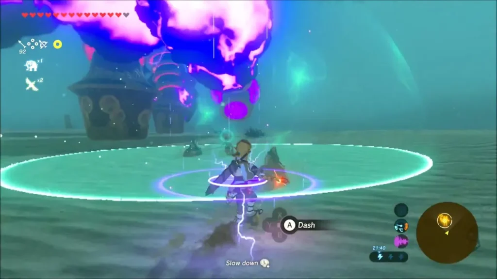 Link inside the shield as a purple ring closes before Naboris strikes Link inside the shield as a purple ring closes before Naboris strikes
