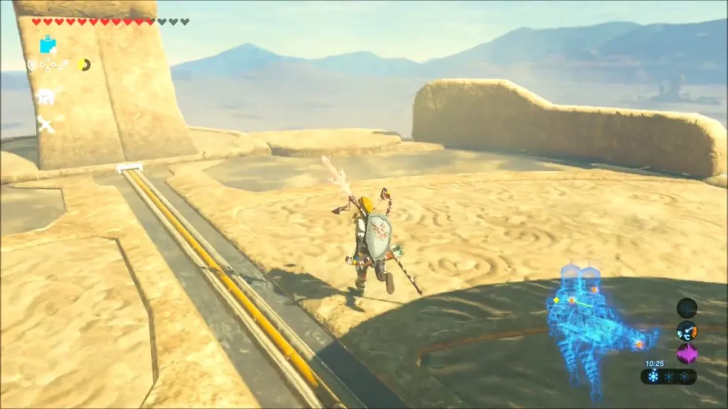 Link running along the Divine Beast's neck outdoors Link running along the Divine Beast's neck outdoors