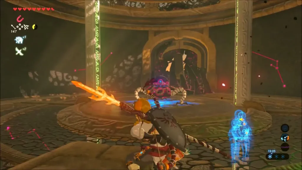 Link with a flame spear facing a Guardian Scout Link with a flame spear facing a Guardian Scout