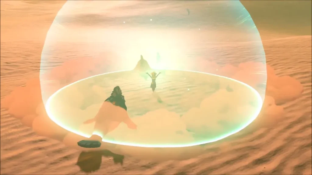 Riju's helm creating a protective dome around Link in the desert Riju's helm creating a protective dome around Link in the desert