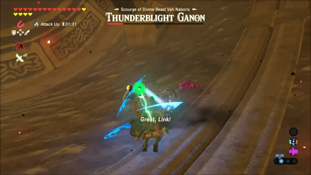 Link swinging at the stunned Thunderblight Ganon in a flurry rush Link swinging at the stunned Thunderblight Ganon in a flurry rush