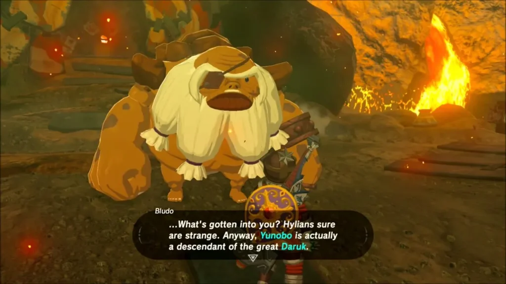 Bludo the Goron talking to Link about Yunobo