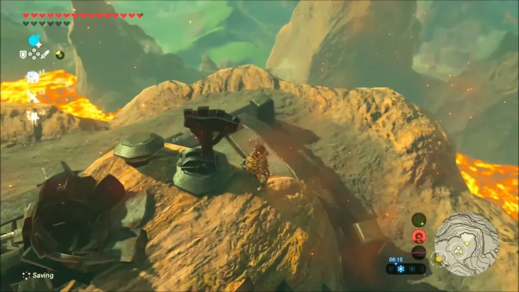 Link beside a cannon and its aiming lever on a rocky islet