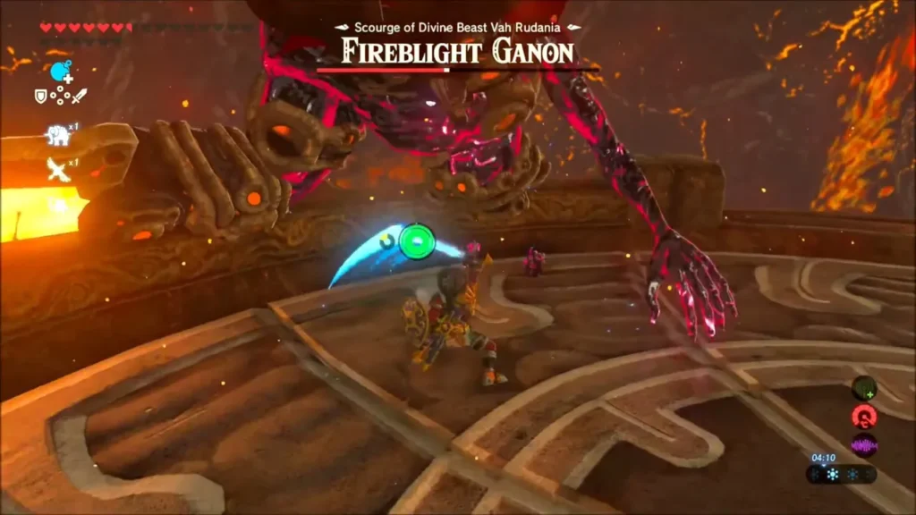 Link leaping aside from Fireblight Ganon's strike for a counterattack