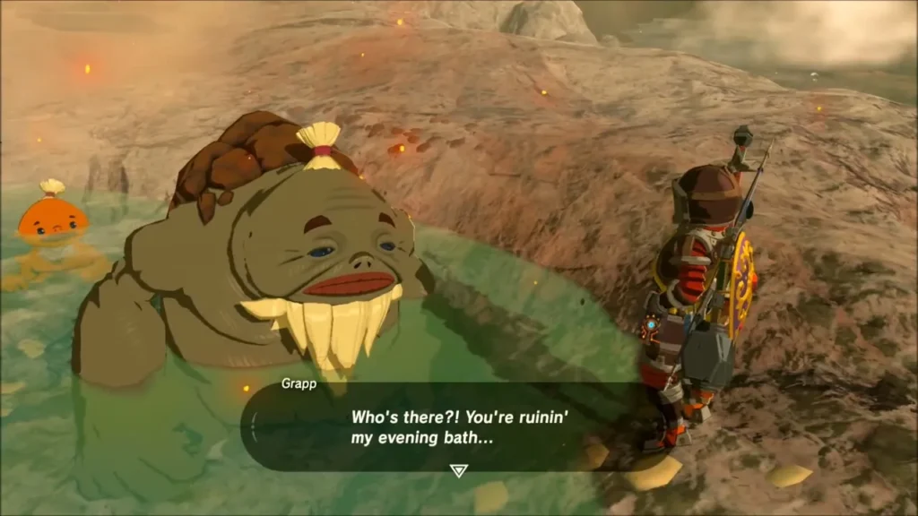 Grapp the Goron bathing in a hot spring as Link approaches