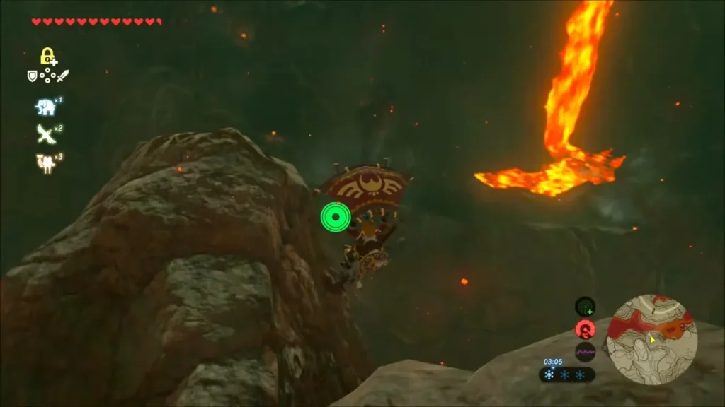 Link gliding past a rock beside a stream of falling lava