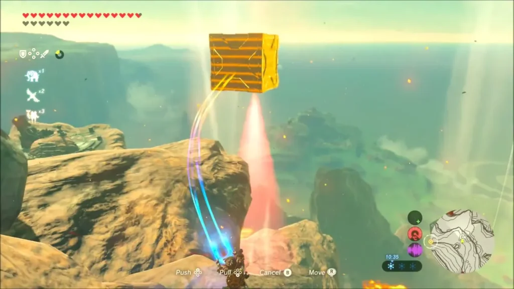 Link lifting a steel crate with Magnesis above a sentry's red beam