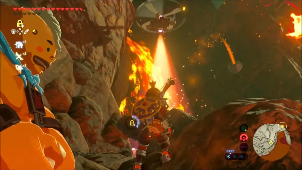 Link beside Yunobo with a sentry beam and falling magma nearby