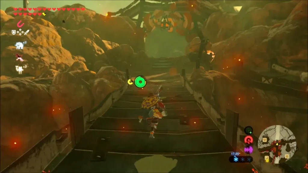 Link running up a wooden stairway on the road from Goron City