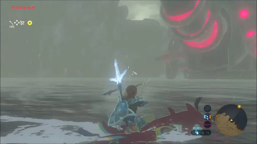 Link riding Sidon with a Shock Arrow drawn at the huge Divine Beast Link riding Sidon with a Shock Arrow drawn at the huge Divine Beast