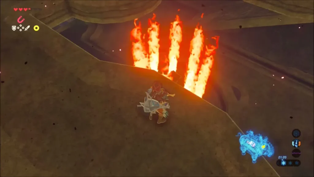 Link crouched before a wall of flames inside Vah Ruta Link crouched before a wall of flames inside Vah Ruta