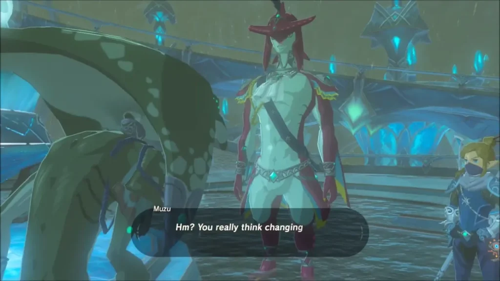 Muzu and Sidon talking in the rain on the Zora's Domain square with Link beside them Muzu and Sidon talking in the rain on the Zora's Domain square with Link beside them