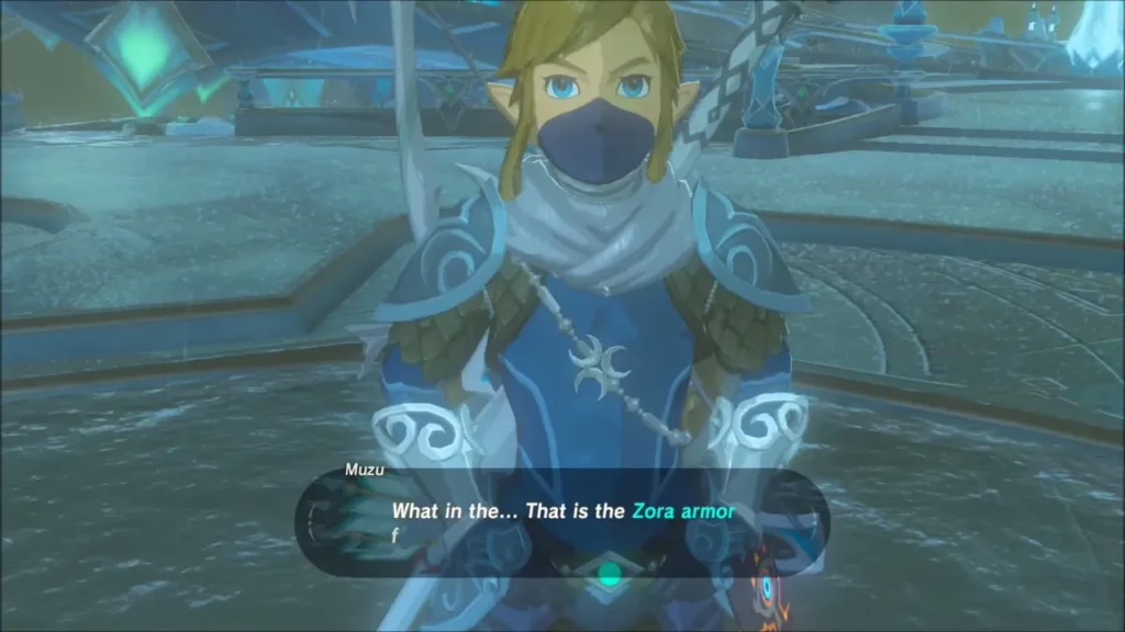 Link in the Zora Armor as Muzu reacts to it in Zora's Domain Link in the Zora Armor as Muzu reacts to it in Zora's Domain