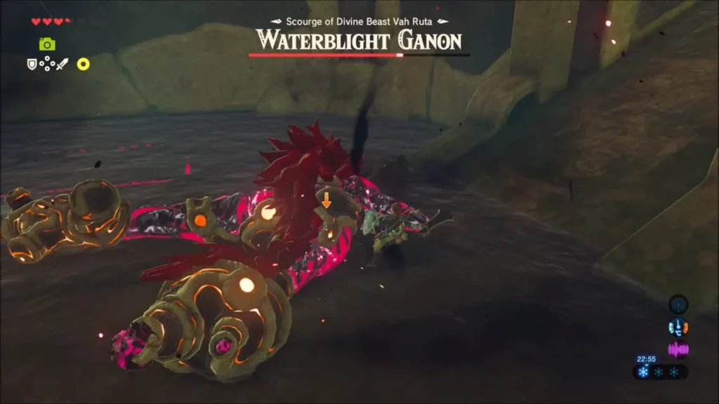 Waterblight Ganon down and exposed in the flooded room Waterblight Ganon down and exposed in the flooded room