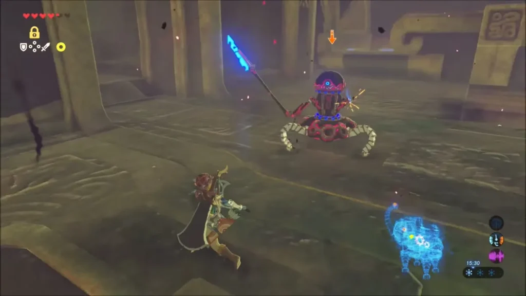 Link facing a spear-armed Guardian Scout inside Vah Ruta Link facing a spear-armed Guardian Scout inside Vah Ruta