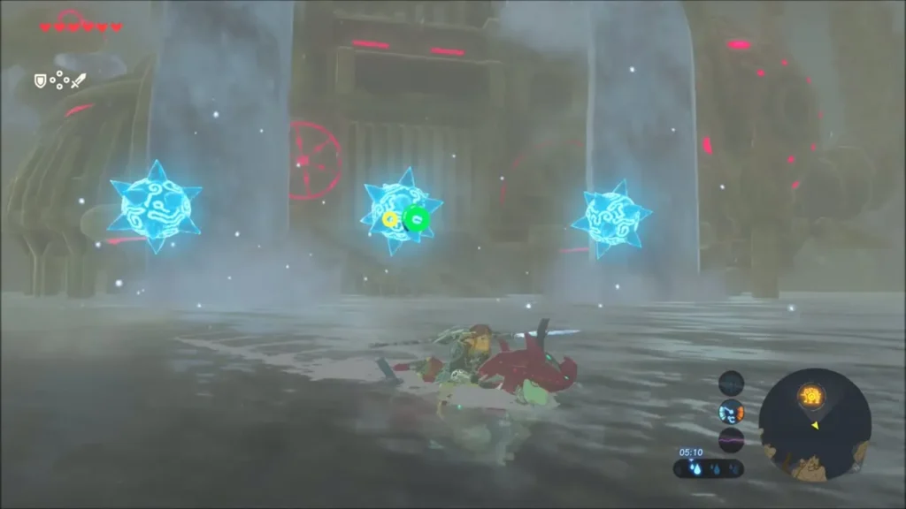 Link aiming a bow from Sidon's back at three spiked ice orbs on the water before Vah Ruta Link aiming a bow from Sidon's back at three spiked ice orbs on the water before Vah Ruta
