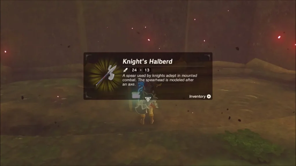 Link holding up the Knight's Halberd found above the waterfall Link holding up the Knight's Halberd found above the waterfall