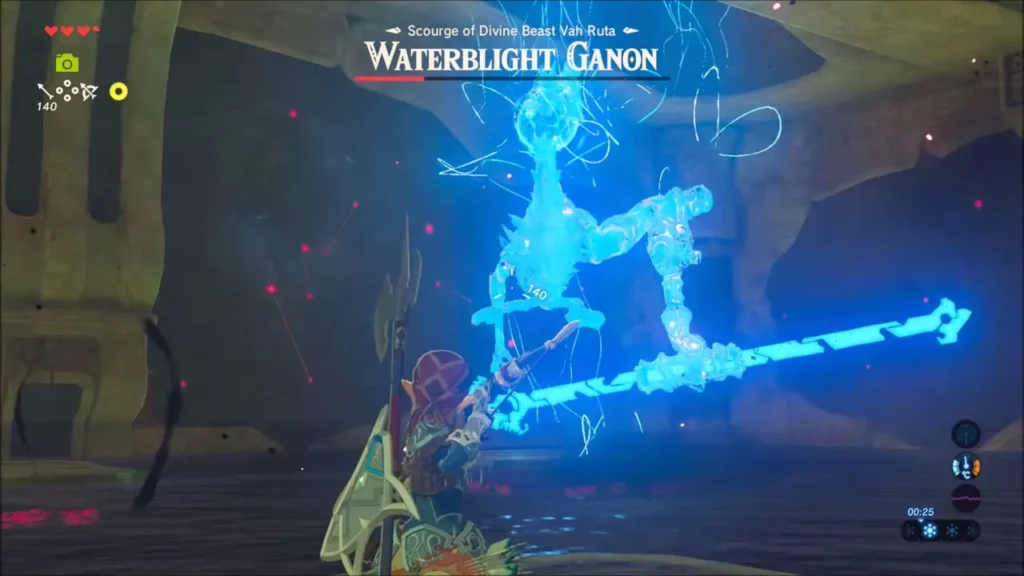 Link aiming a bow at Waterblight Ganon hovering with his spear Link aiming a bow at Waterblight Ganon hovering with his spear