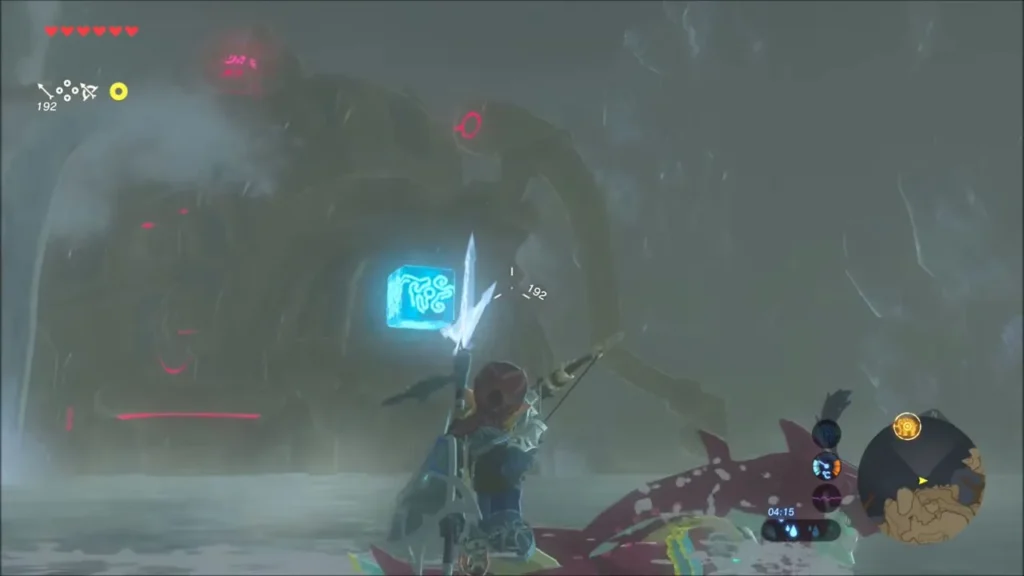 Link on Sidon's back aiming a Shock Arrow at Vah Ruta through the rain Link on Sidon's back aiming a Shock Arrow at Vah Ruta through the rain