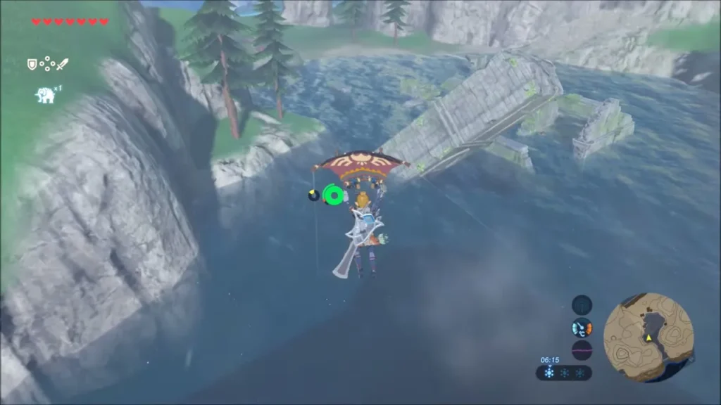 Link gliding down toward the sunken ruins in Toto Lake Link gliding down toward the sunken ruins in Toto Lake