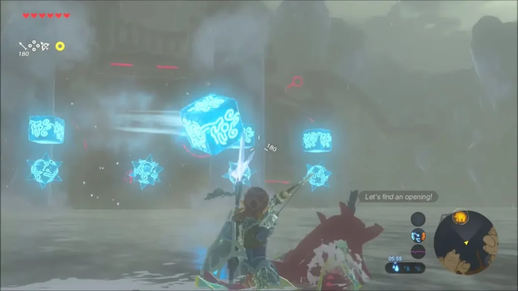Vah Ruta hurling ice blocks at Link as he aims a Shock Arrow Vah Ruta hurling ice blocks at Link as he aims a Shock Arrow