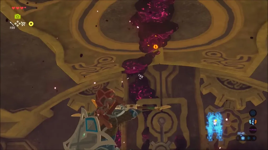 Link aiming a bow at the glowing eye of the Blight inside Vah Ruta