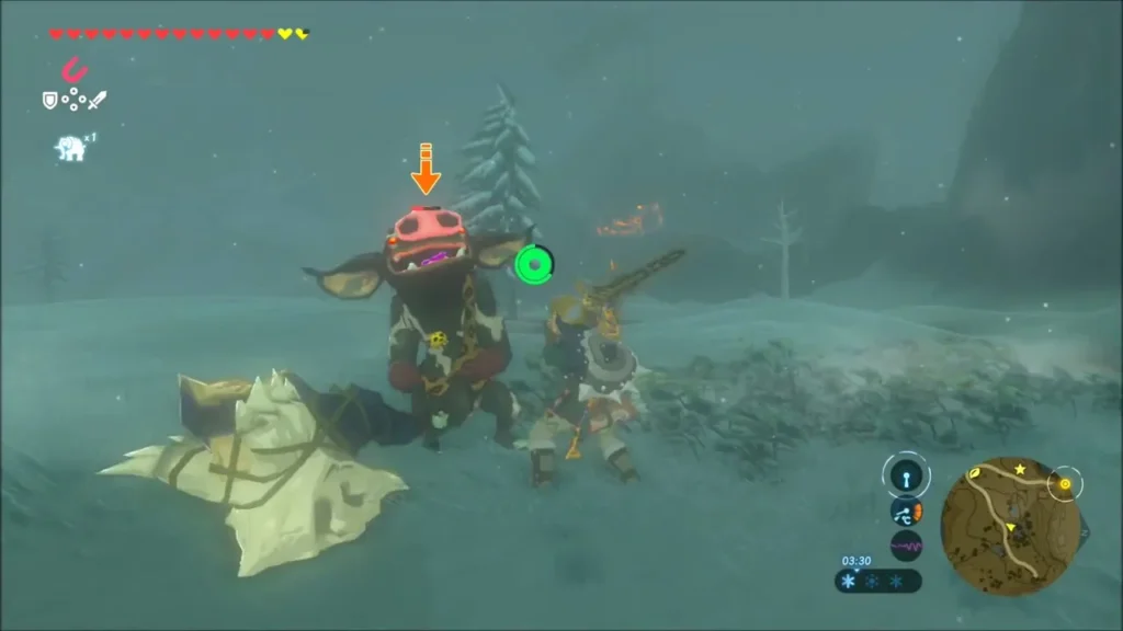 Link facing a Bokoblin camp in a snowstorm on the Hebra slopes