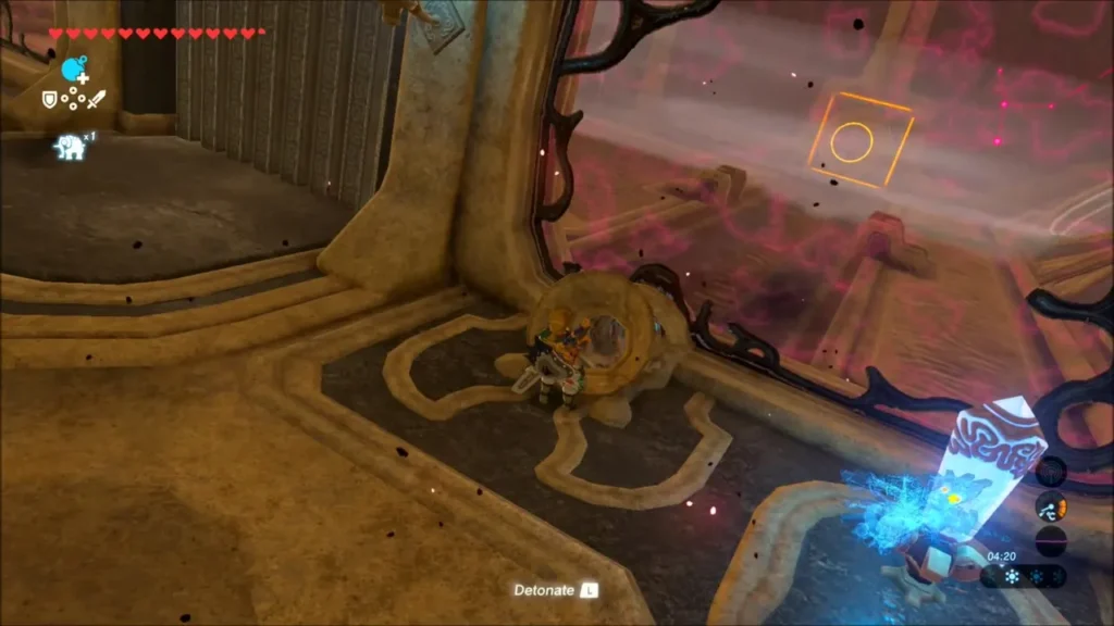 Link by a Remote Bomb at the window, ready to detonate into a Malice room