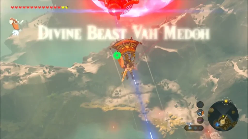 Link gliding toward Vah Medoh as its cannon beam charges
