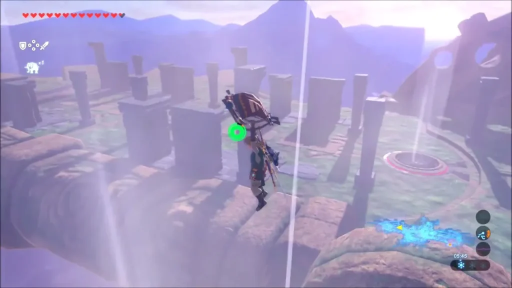 Link gliding over the stone pillars on the wing of Vah Medoh