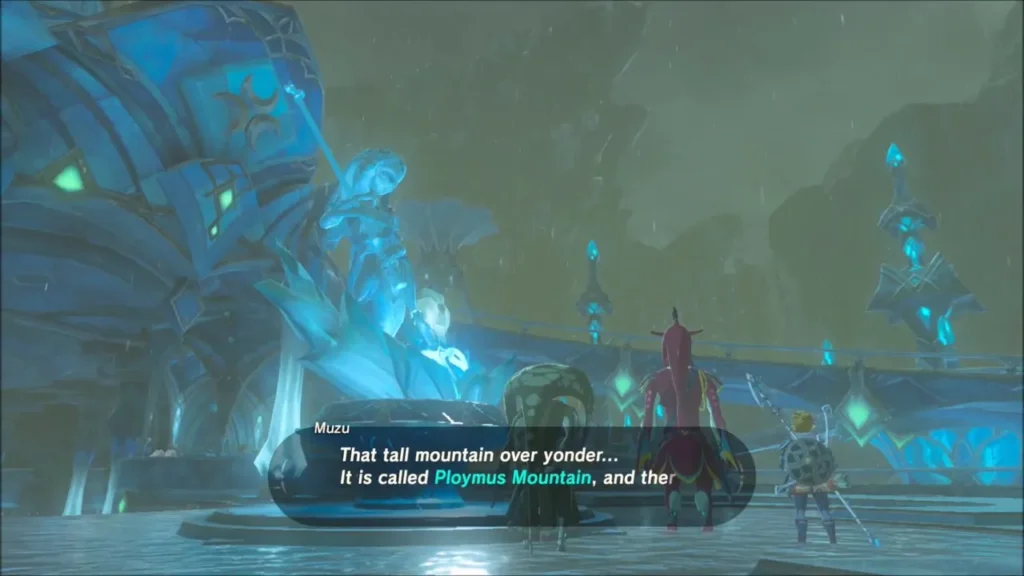 Muzu pointing out Ploymus Mountain while Sidon and Link listen below the Mipha statue