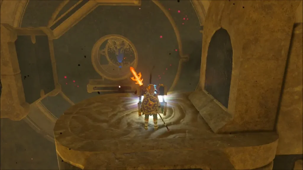 Link opening a glowing chest on a ledge in the Divine Beast