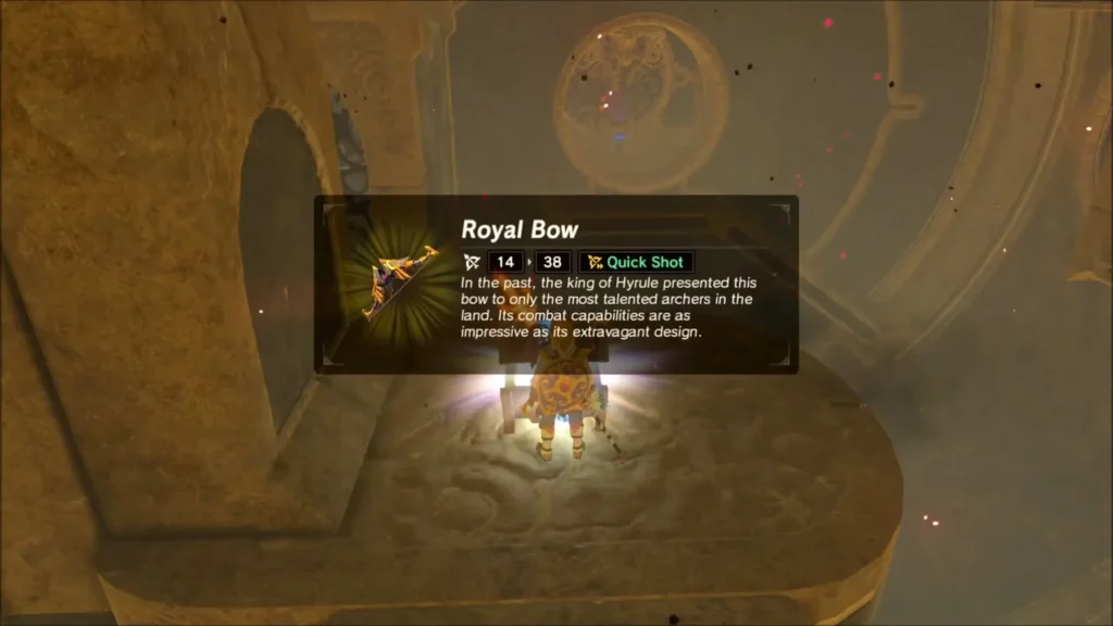 Link holding up a Royal Bow from a chest on a platform