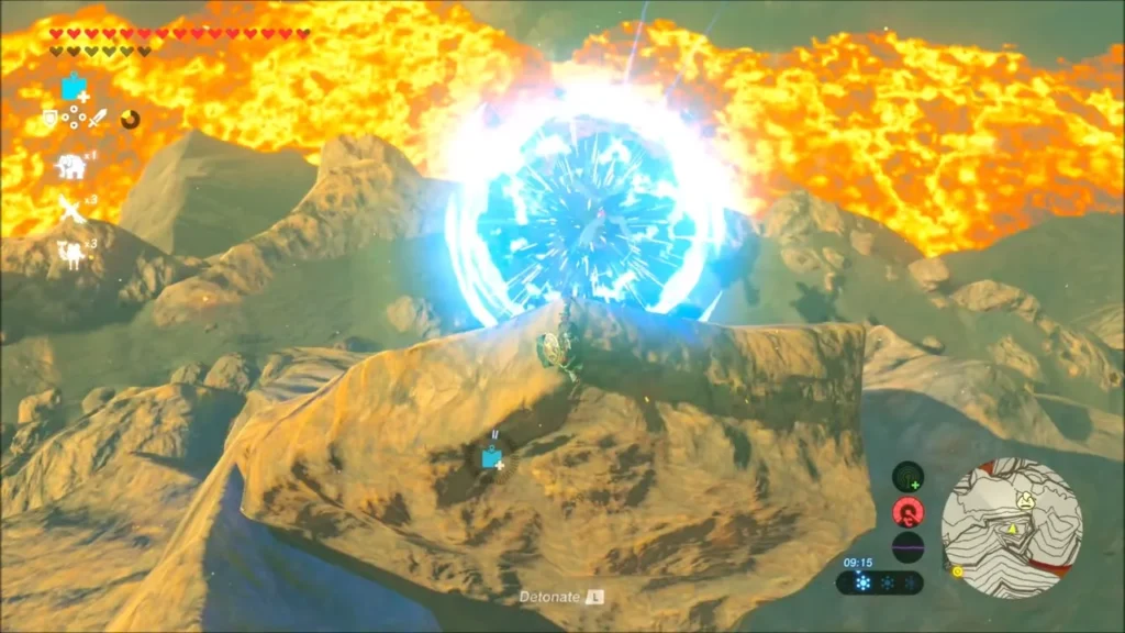A Remote Bomb detonating in a blue blast above lava