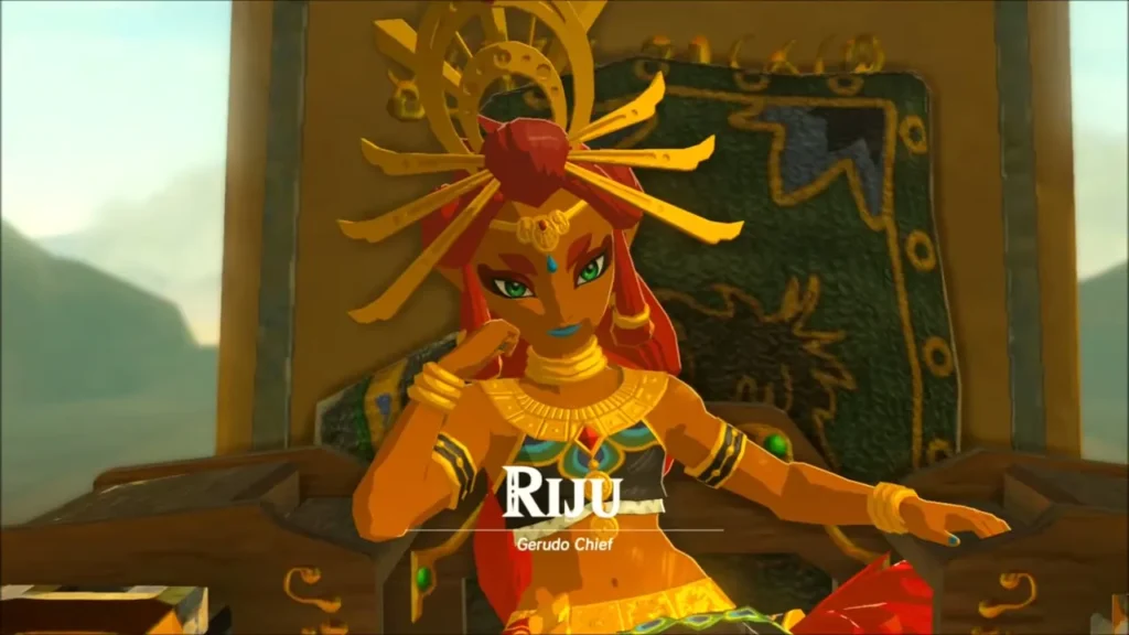 Riju the Gerudo chief seated on her throne in Gerudo Town