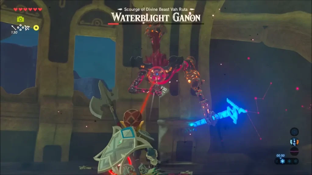 Link aiming at Ganon's glowing eye in the flooded room