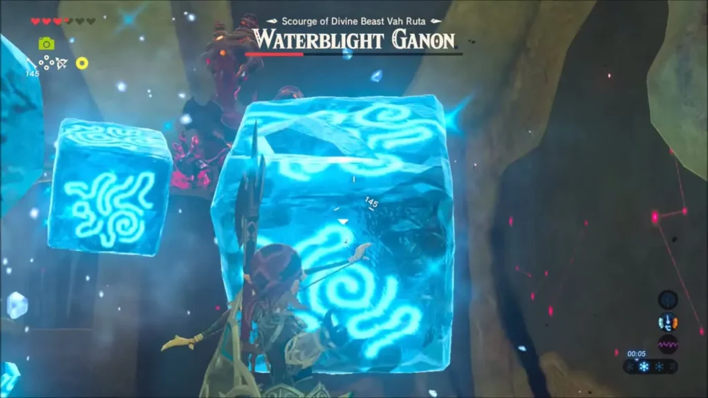 Link facing ice blocks thrown by Waterblight Ganon