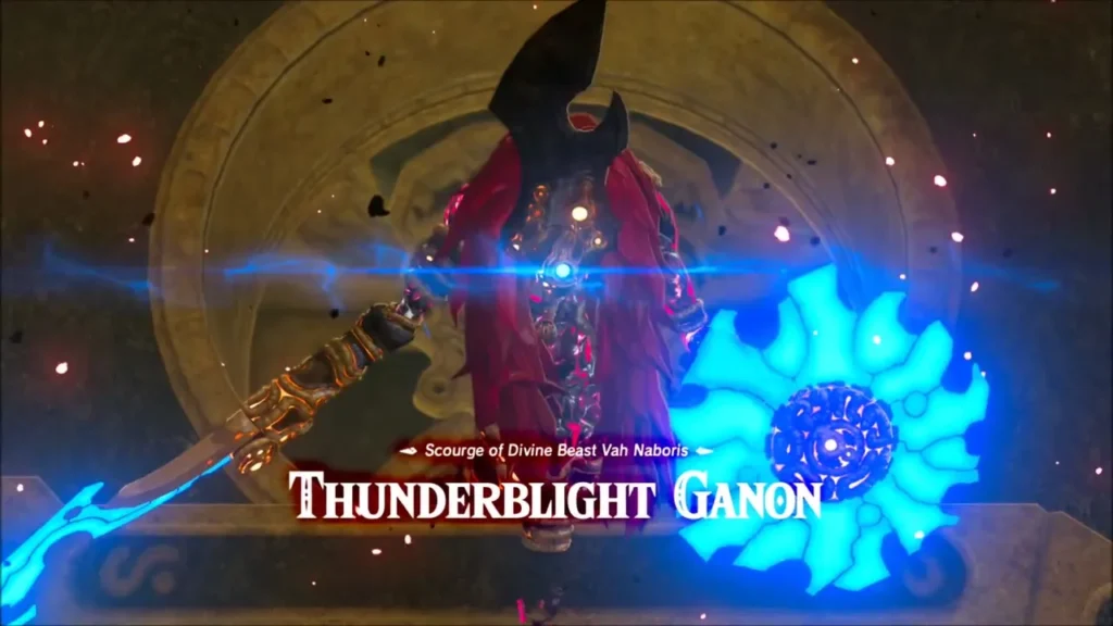 Thunderblight Ganon title card with his glowing electric shield and axe