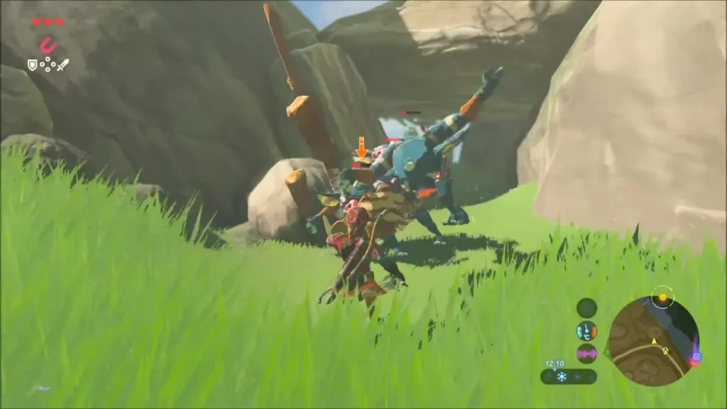 Blue Bokoblin knocked back by Link in a rocky gully Blue Bokoblin knocked back by Link in a rocky gully