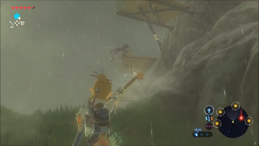 Link shooting a Bokoblin on a wooden platform in the rain Link shooting a Bokoblin on a wooden platform in the rain