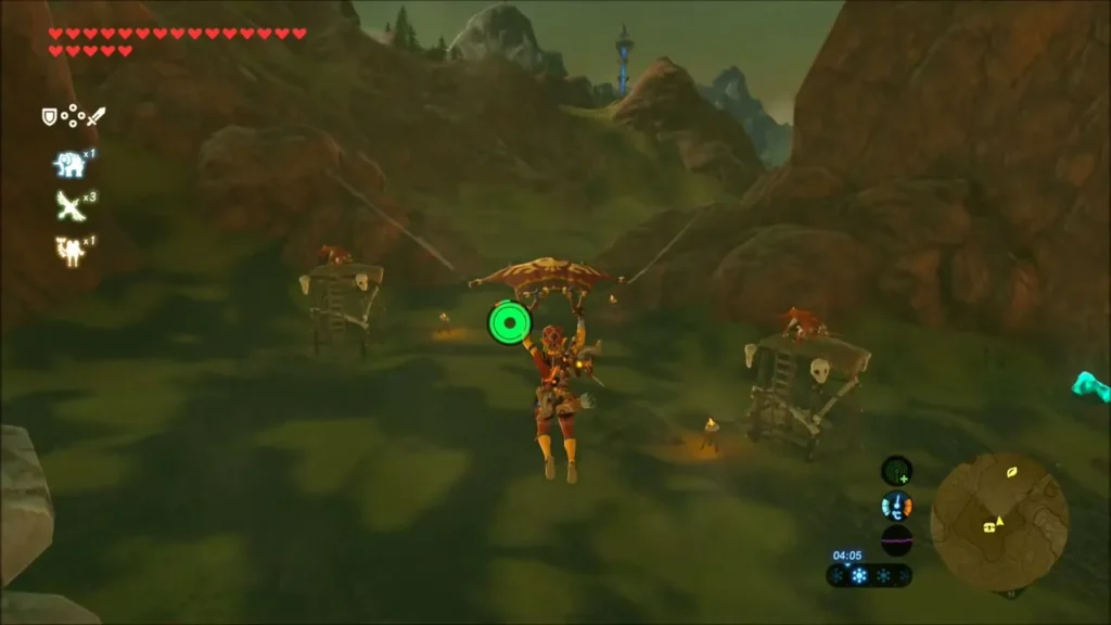 Link gliding past two wooden Bokoblin lookouts Link gliding past two wooden Bokoblin lookouts
