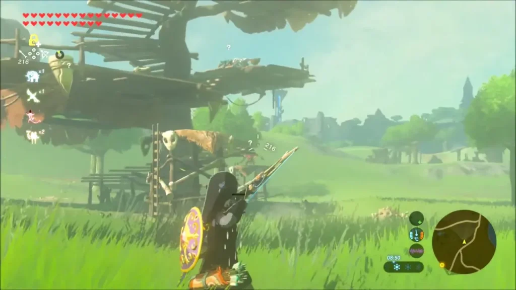 Link drawing a bow at a Bokoblin on a skull-topped wooden lookout Link drawing a bow at a Bokoblin on a skull-topped wooden lookout
