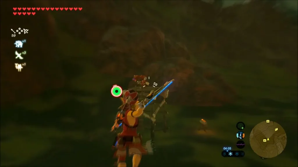 Link in red armor aiming a bow at a Bokoblin on a hillside Link in red armor aiming a bow at a Bokoblin on a hillside