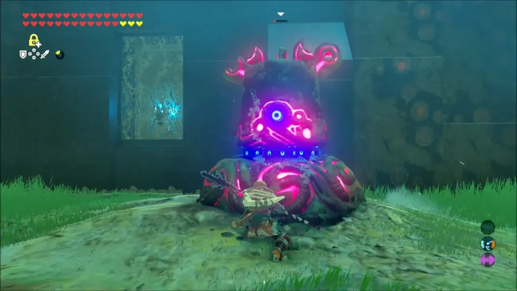 An awakened Decayed Guardian with its pink eye glowing in the grove An awakened Decayed Guardian with its pink eye glowing in the grove